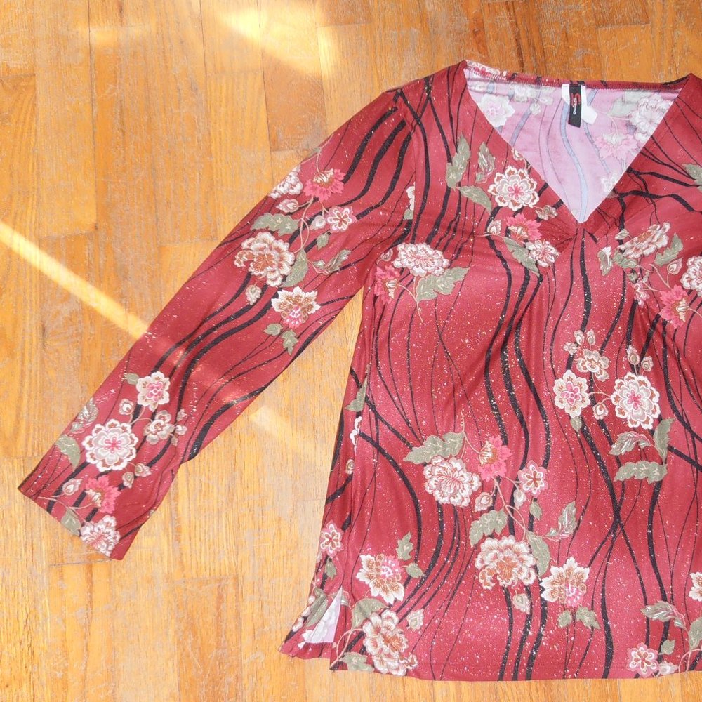 Womens Red Blouse~ Shimmery with Black Stripes & Flowers